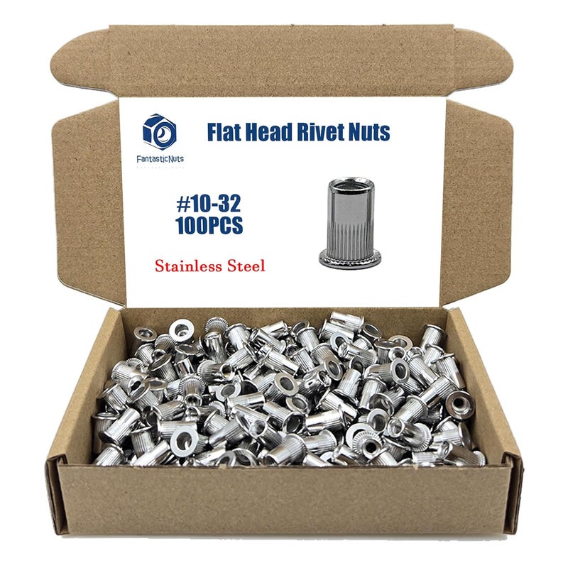 ELEFOCUS #10-32 100PCS SAE Rivet Nut Ass 304 Stainless Steel Flat Head Threaded Rivet Insert Knurled Rivet Nuts - Image 1